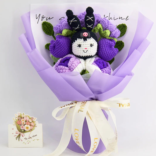 Purple crochet bouquet with a crochet character doll, roses and tulips