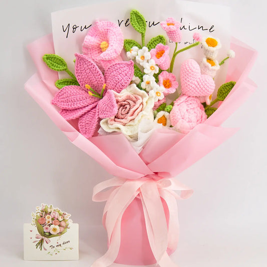 Pink crochet bouquet with an oversized Thai rose and nine flower types