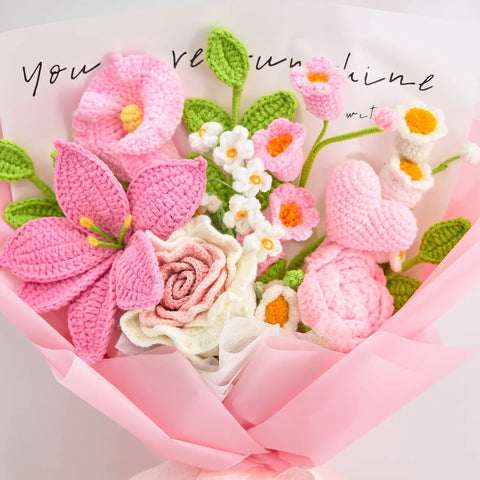 YSHomy Pink Crochet Thai Rose Lily Bouquet