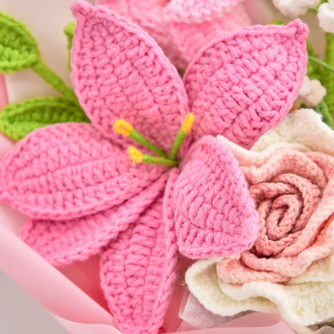 YSHomy Pink Crochet Thai Rose Lily Bouquet