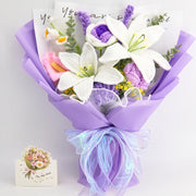 Purple crochet bouquet of lilies, calla lilies and lavender