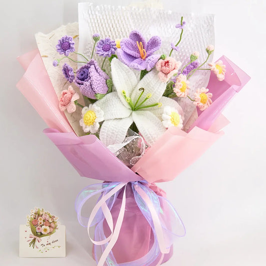 Large crochet bouquet of 13 flowers including spray rose and spirea