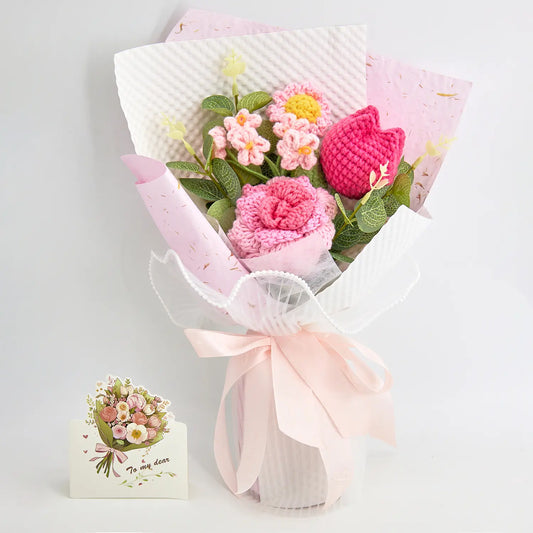 Small handheld crochet bouquet with one rose and one tulip