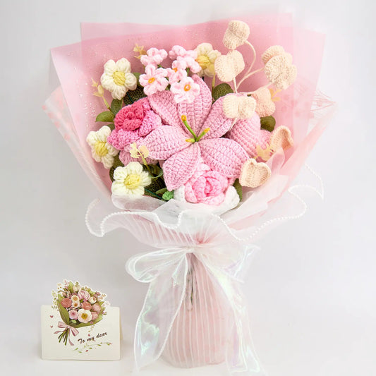 Crochet bouquet of pink lilies and roses