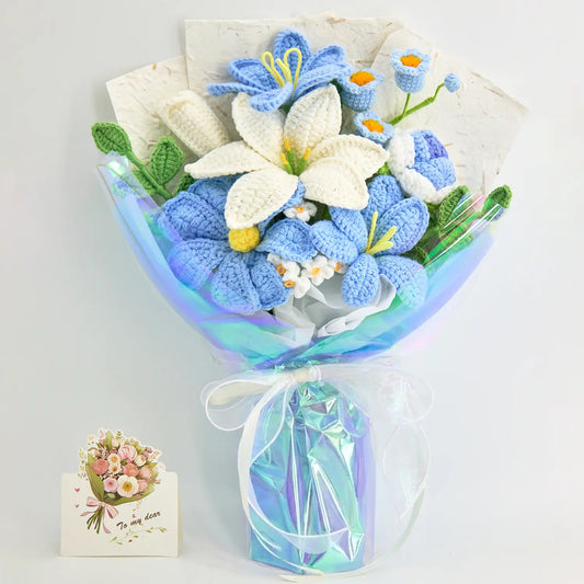 Crochet bouquet of blue and white lilies with blue wrapping