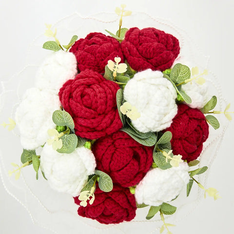 YSHomy Round Crochet Red & White Rose Bouquet