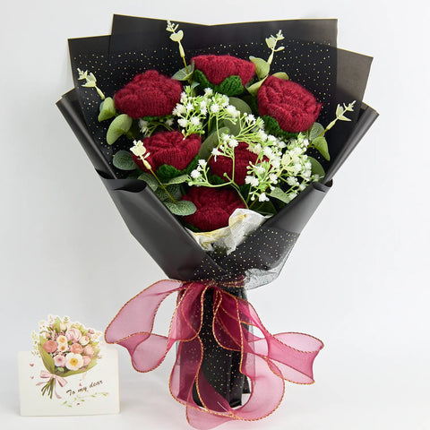 YSHomy Crochet 6 Red Rose Bouquet with Black Wrapping