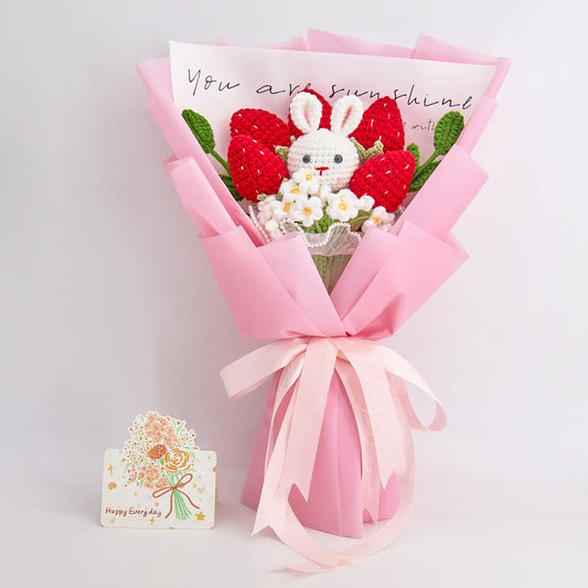 Crochet bouquet with a bunny centrepiece and crochet strawberries