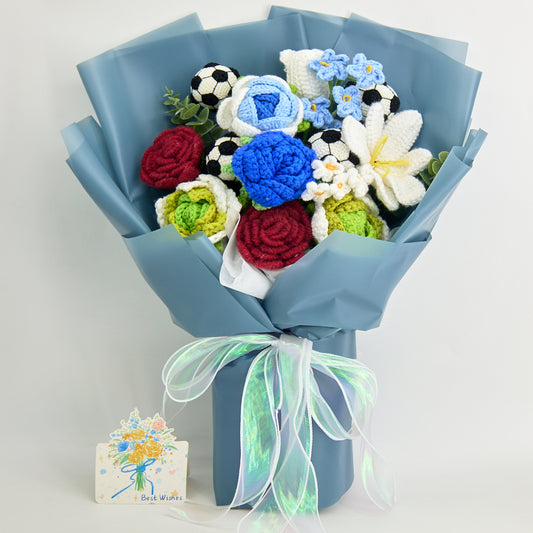 Football-themed crochet bouquet with crochet footballs