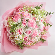 Large crochet rose bouquet in pink and white with forget-me-nots