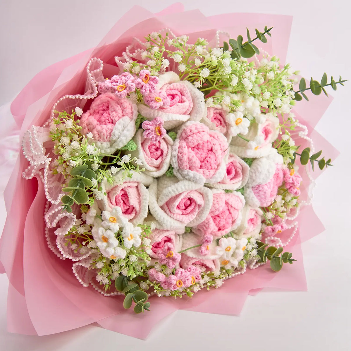 YSHomy Giant Crochet Pink & White Rose Bouquet
