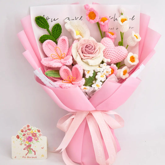 Pink and white crochet bouquet with an oversized Thai rose and tulips