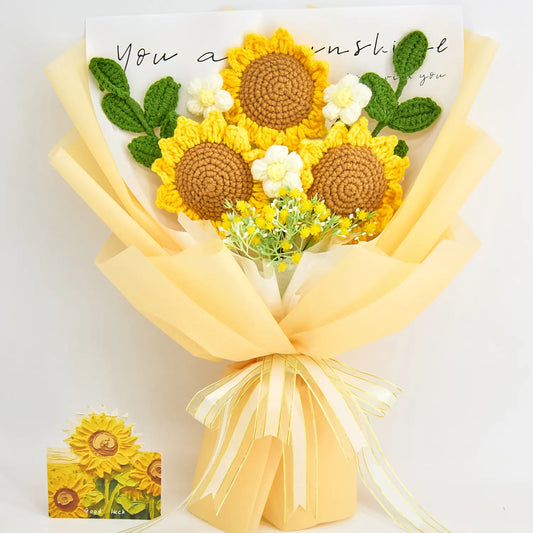 Wrapped crochet bouquet of three sunflowers