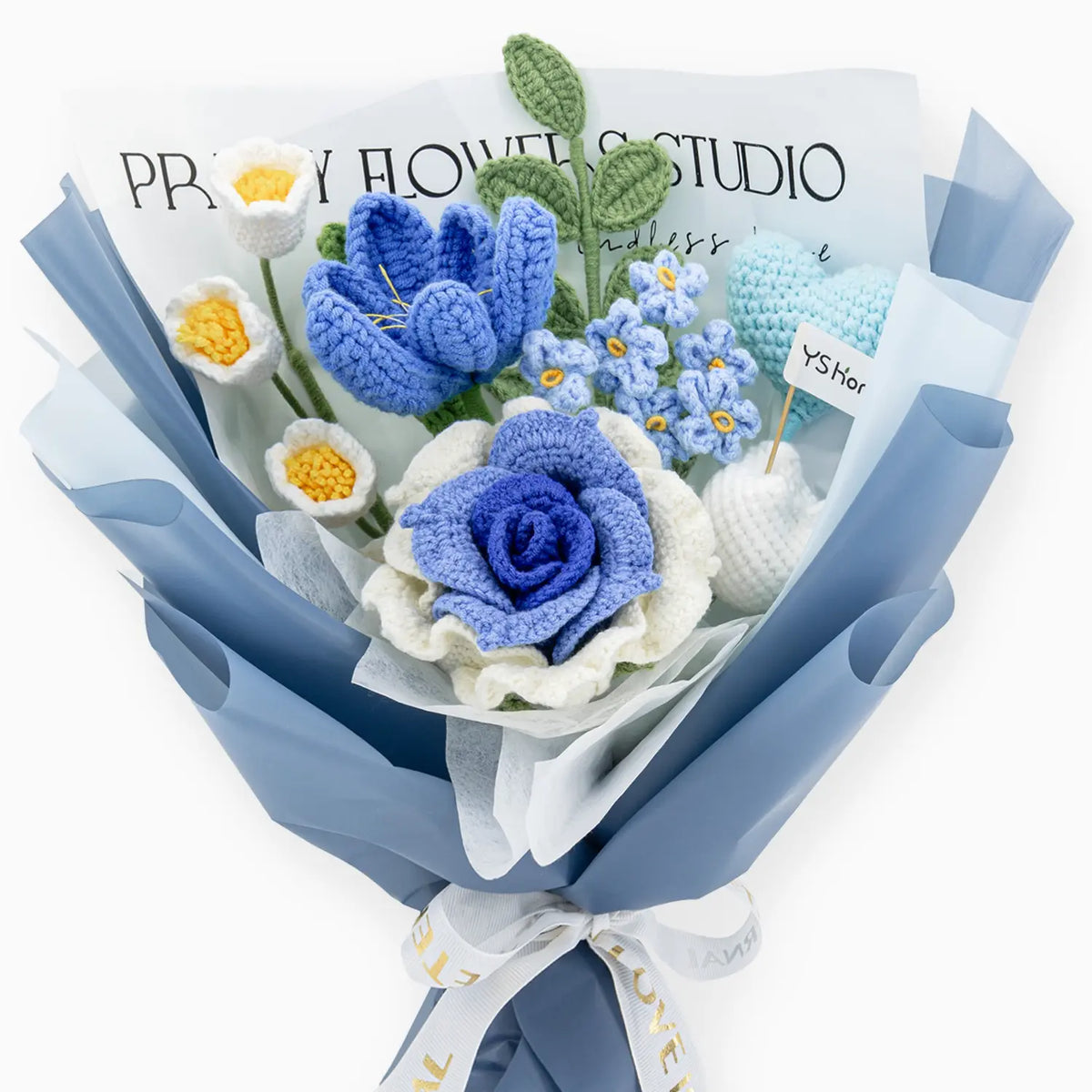 YSHomy Crochet Thai Rose Tulip Heart Bouquet-Blue