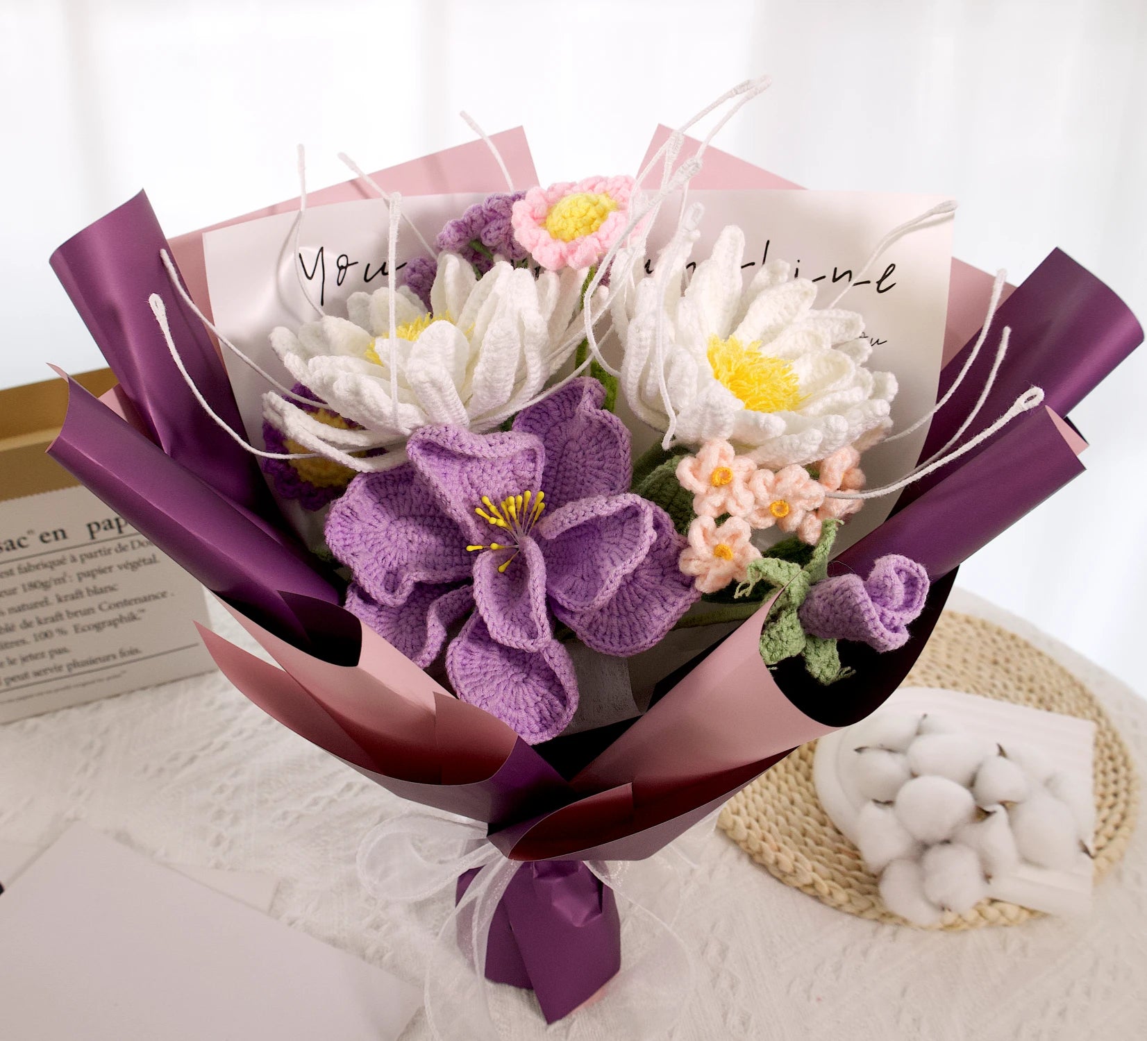 YSHomy Crochet Flowers Bouquet with Night of the Queen Flower in Purple Wrapping