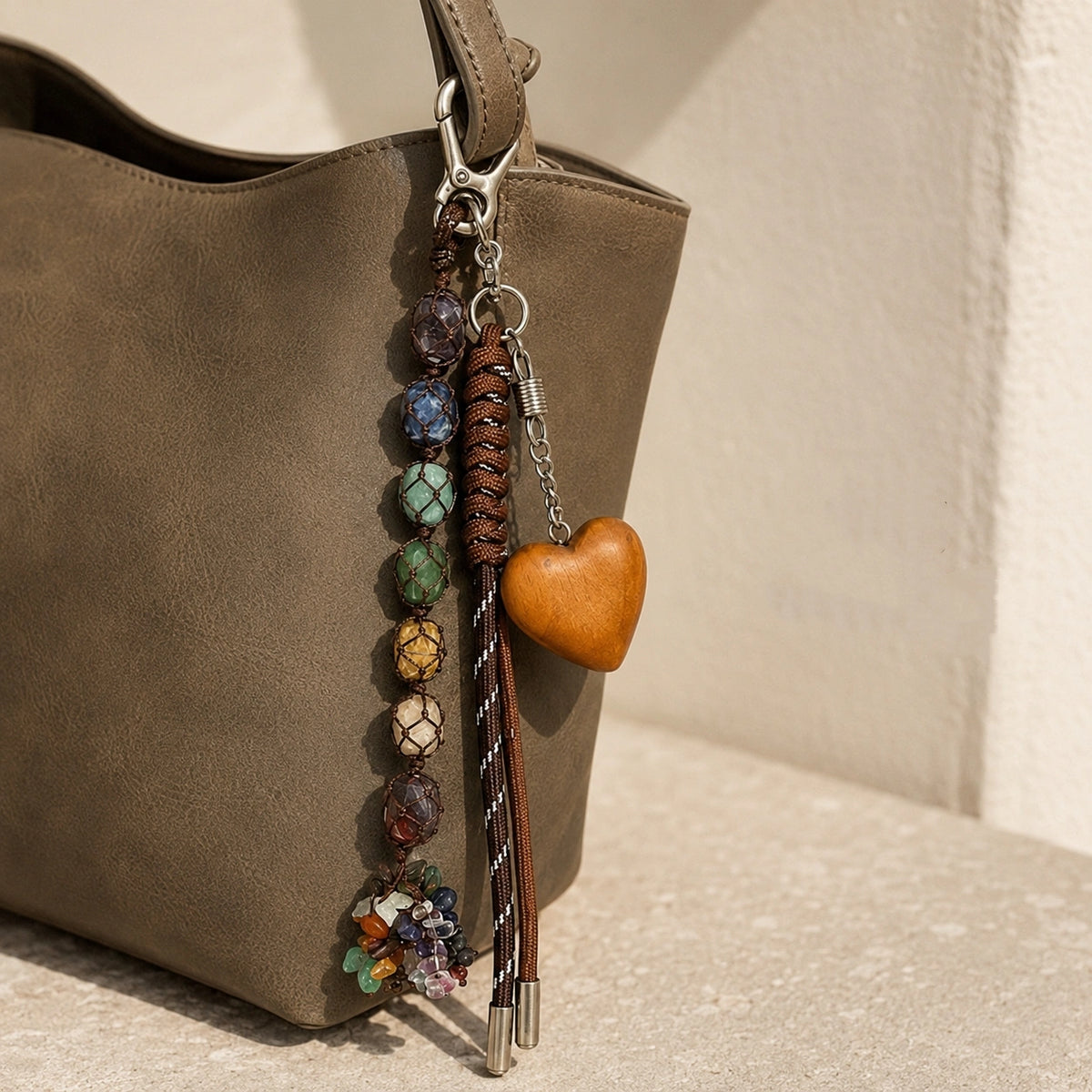 YSHomy Handmade Bag Charm with Natural Gemstone Bead & Personalized Wooden Heart