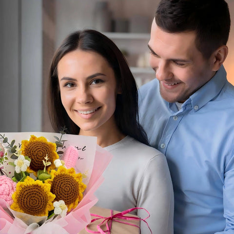 YSHomy Crochet Sunflower Rose Tulip Bouquet with Pink Wrapping