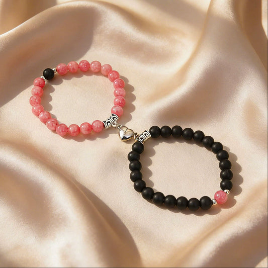 Magnetic heart couple beaded bracelets that join into one heart