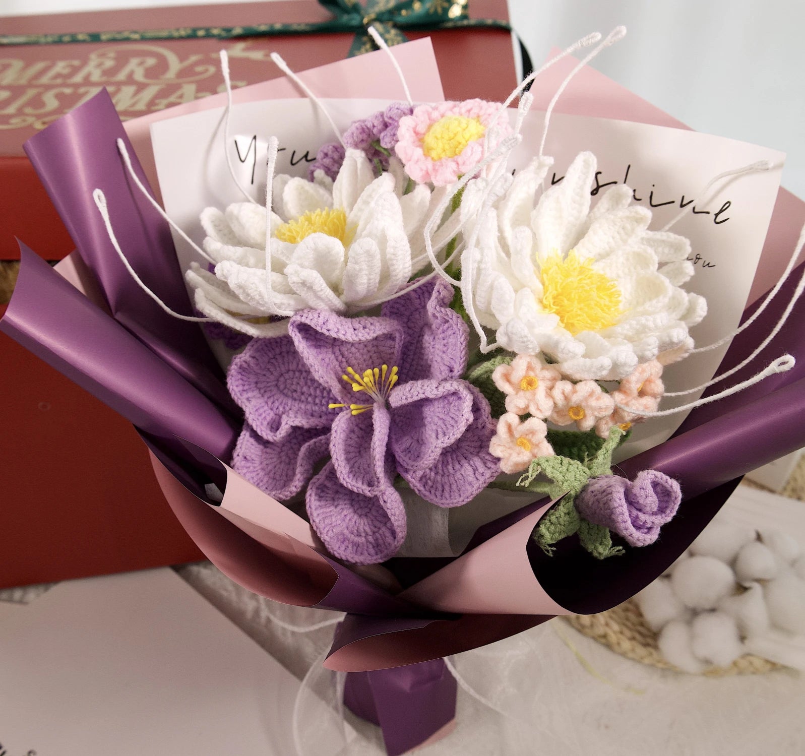 YSHomy Crochet Flowers Bouquet with Night of the Queen Flower in Purple Wrapping