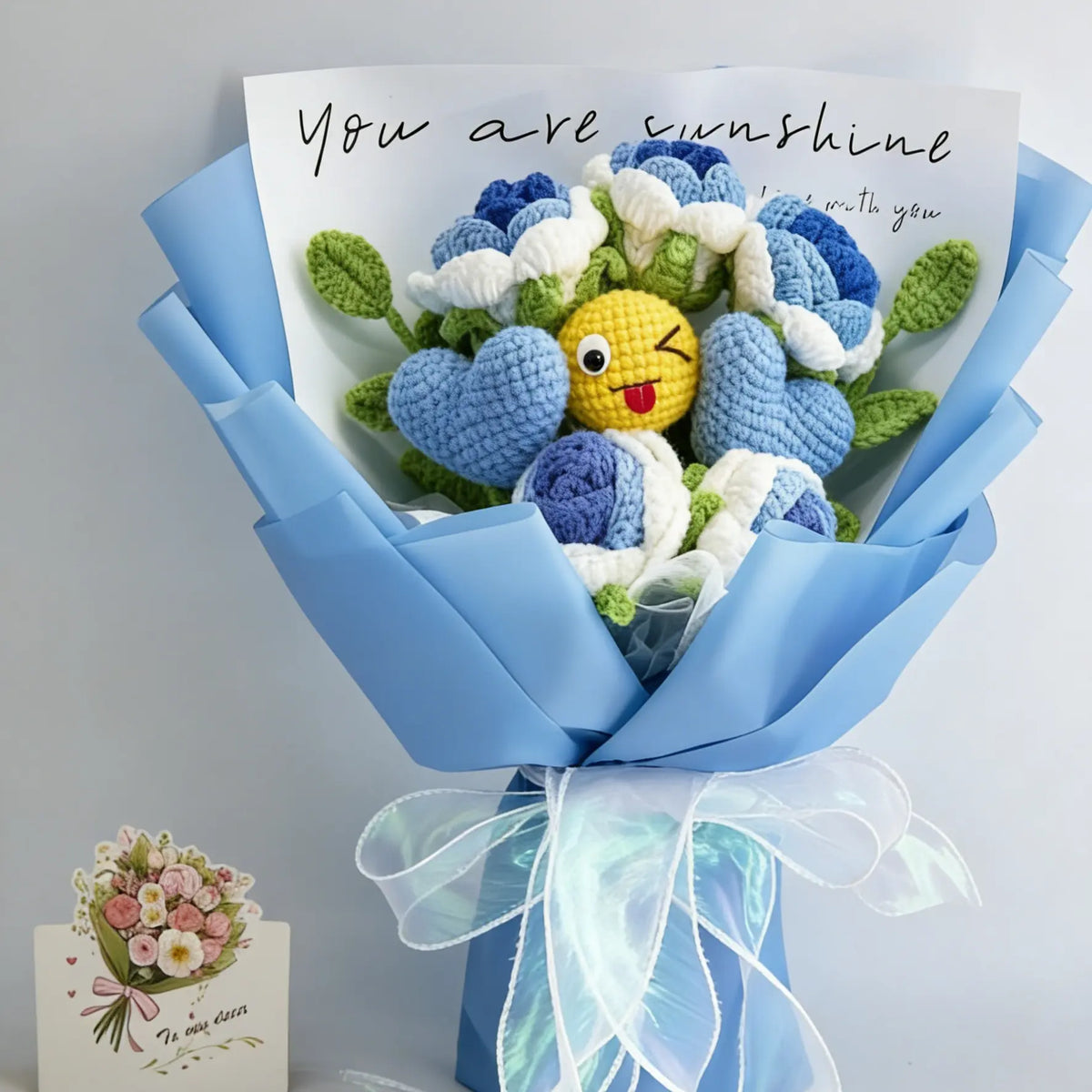 YSHomy Crochet Bouquet with Blue Roses & Emoji