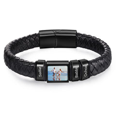 YSHomy Personalized Photo Leather Bracelet with Engraved Beads