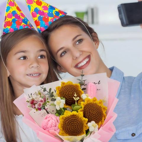 YSHomy Crochet Sunflower Rose Tulip Bouquet with Pink Wrapping