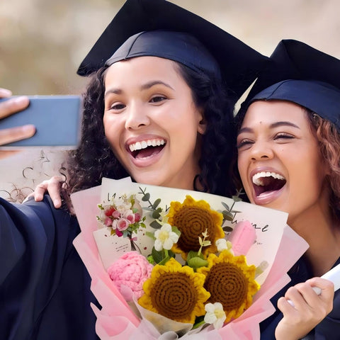 YSHomy Crochet Sunflower Rose Tulip Bouquet with Pink Wrapping