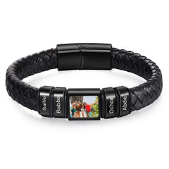 YSHomy Personalized Photo Leather Bracelet with Engraved Beads