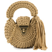 Beige crochet crossbody bag with twist lock, chain strap and long base tassels