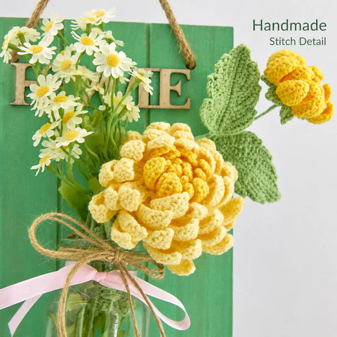 YSHomy Wall Decor Board with Glass Vase & Crochet Flowers Set-Green