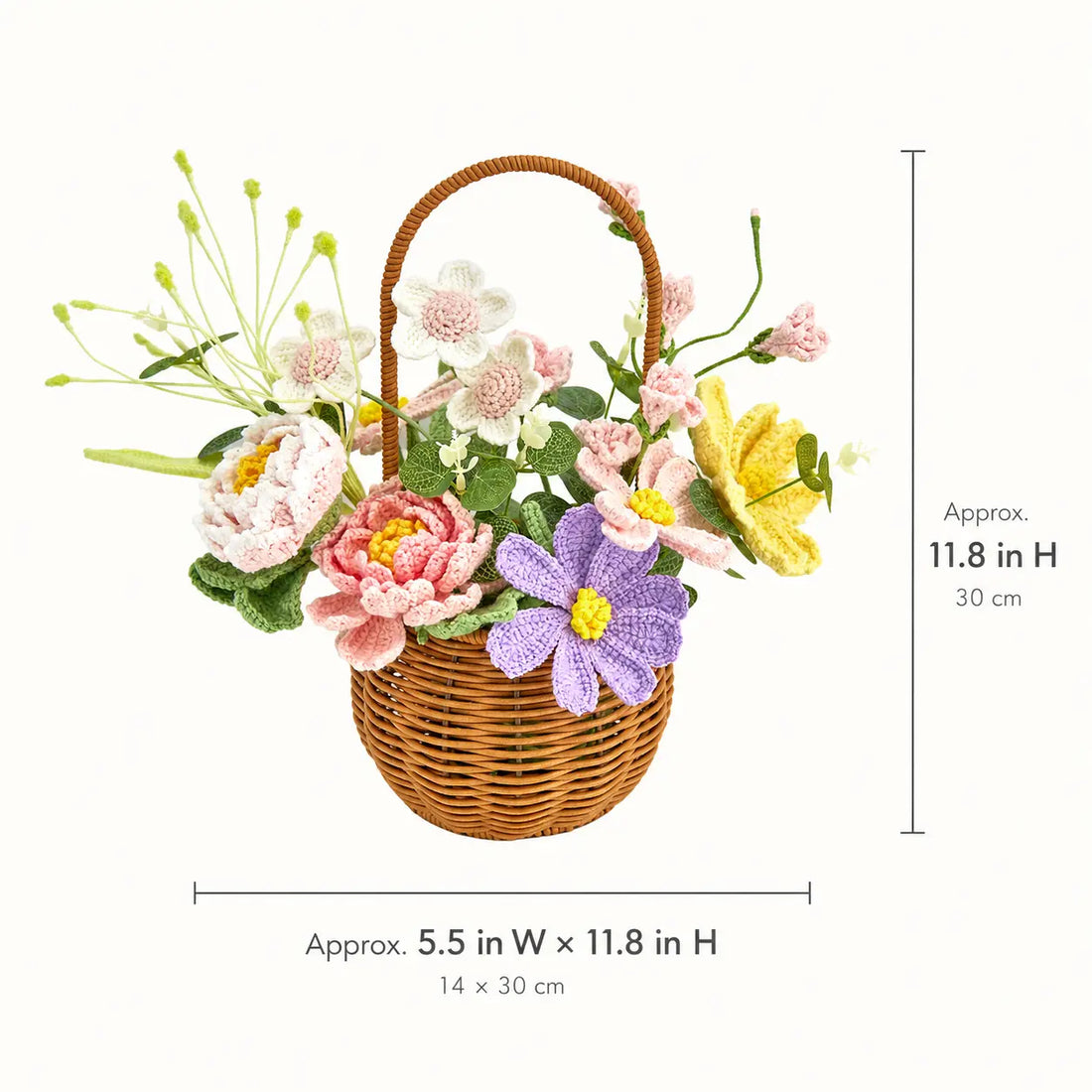 丸型かぎ針編みフラワーバスケットの寸法図。幅約5.5 in、高さ約11.8 in、または14 × 30 cm