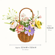 丸型かぎ針編みフラワーバスケットの寸法図。幅約5.5 in、高さ約11.8 in、または14 × 30 cm