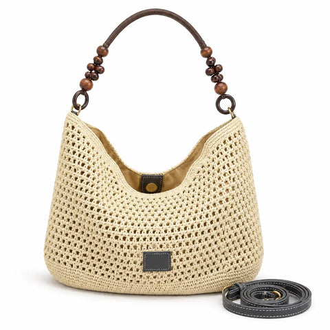 YSHomy Boho Crochet Straw Bag with Wooden Handle