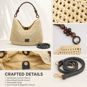 YSHomy Boho Crochet Straw Bag with Wooden Handle