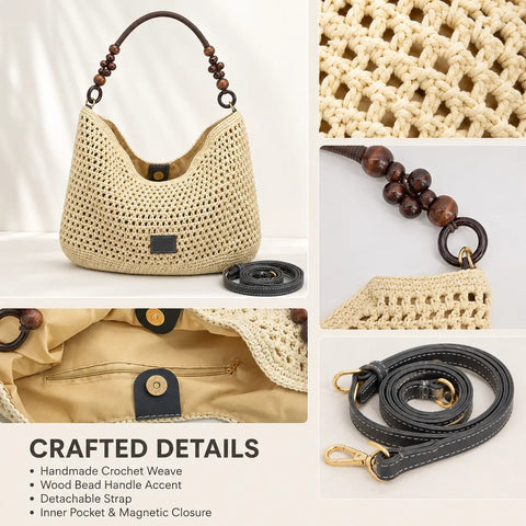 YSHomy Boho Crochet Straw Bag with Wooden Handle