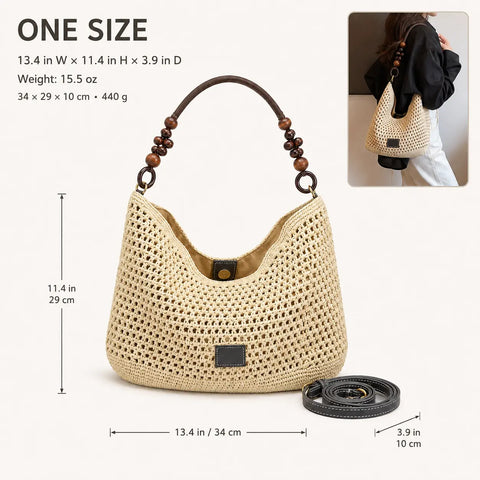 YSHomy Boho Crochet Straw Bag with Wooden Handle
