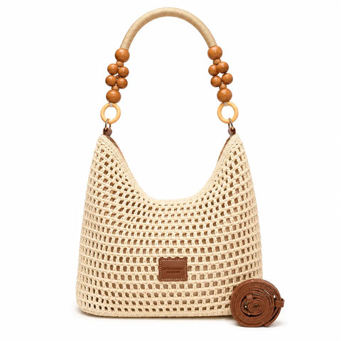 YSHomy Boho Crochet Straw Bag with Wooden Handle