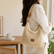 YSHomy Boho Crochet Straw Bag with Wooden Handle