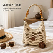 YSHomy Boho Crochet Straw Bag with Wooden Handle
