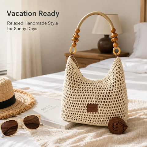 YSHomy Boho Crochet Straw Bag with Wooden Handle