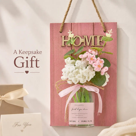 YSHomy Wall Decor Board with Glass Vase & Crochet Flowers Set-Pink