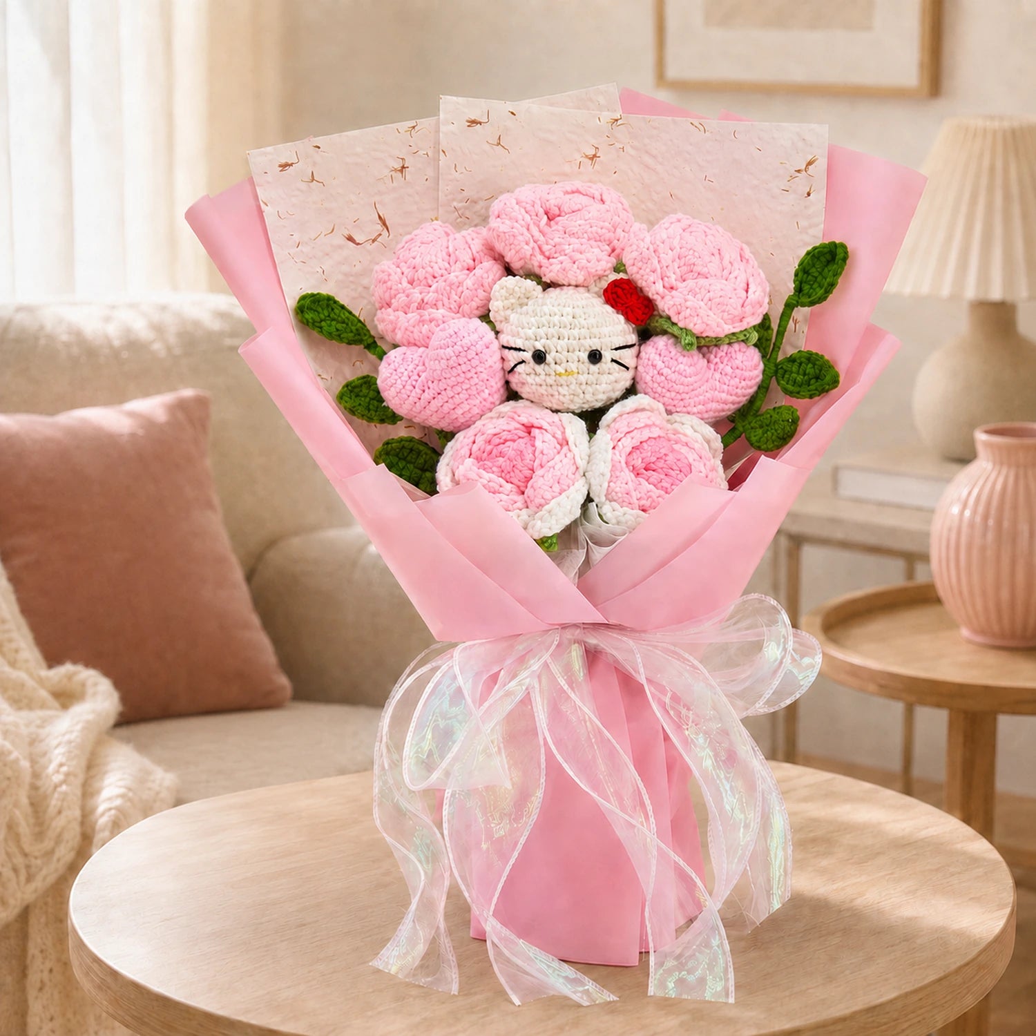 YSHomy Ramo de rosas rosas de ganchillo con motivo HK