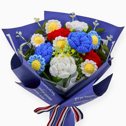 YSHomy Blue Crochet Rose Daisy Bouquet-Large
