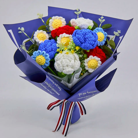 YSHomy Wrapped Crochet Flowers Bouquet with Crochet Rose Daisy in Blue Wrapping