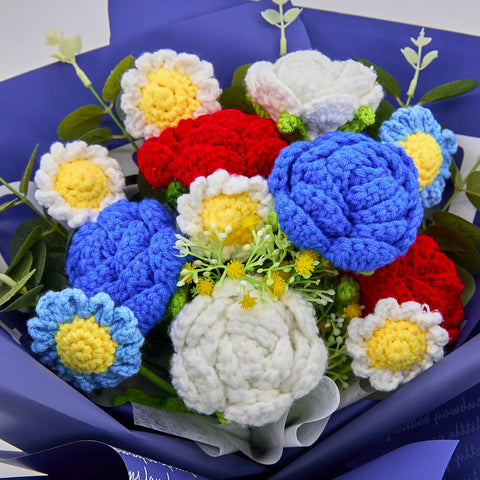 YSHomy Wrapped Crochet Flowers Bouquet with Crochet Rose Daisy in Blue Wrapping