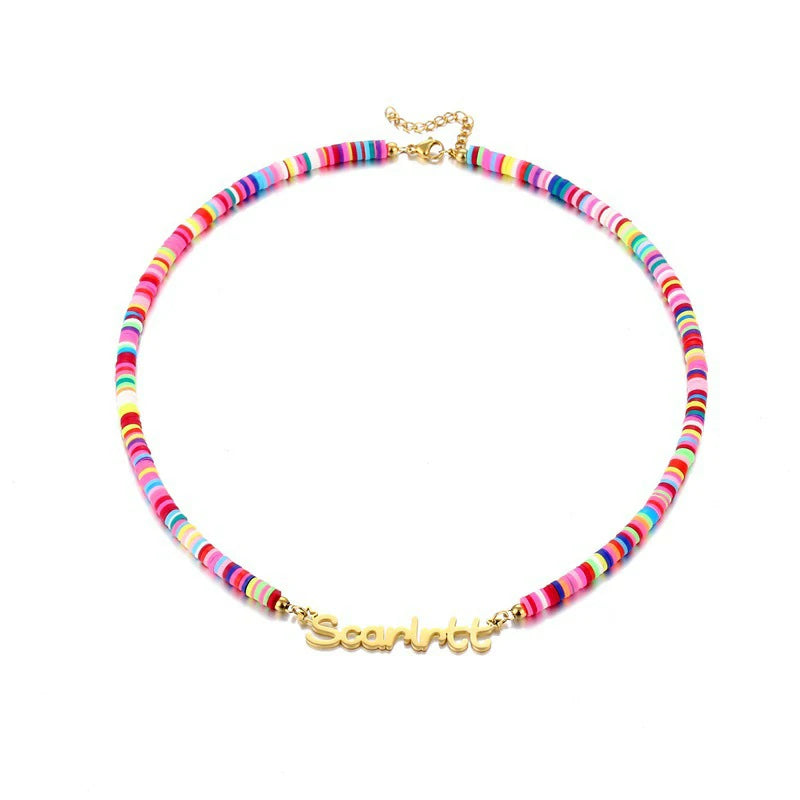 YSHomy Personalized 18K Gold-Plated Name Necklace with Colorful Clay Slices