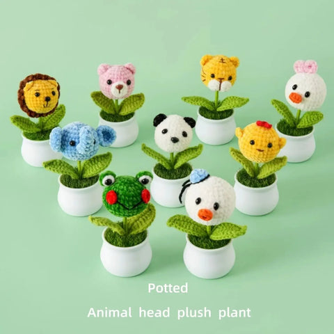 YSHomy Crochet Animal Head Potted Plant with White Pot for Desktop Decoration