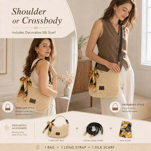 YSHomy Boho Crochet Straw Bag with Wooden Handle