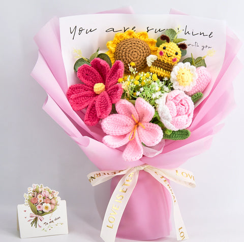 YSHomy Crochet Bee Rose Tulip Sunflower Bouquet