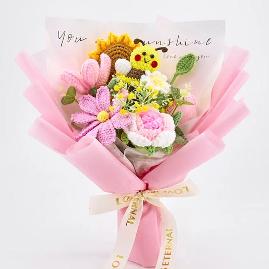YSHomy Wrapped Crochet Flowers Bouquet with Cut Crochet Bee Rose Tulip Sufllower 1288